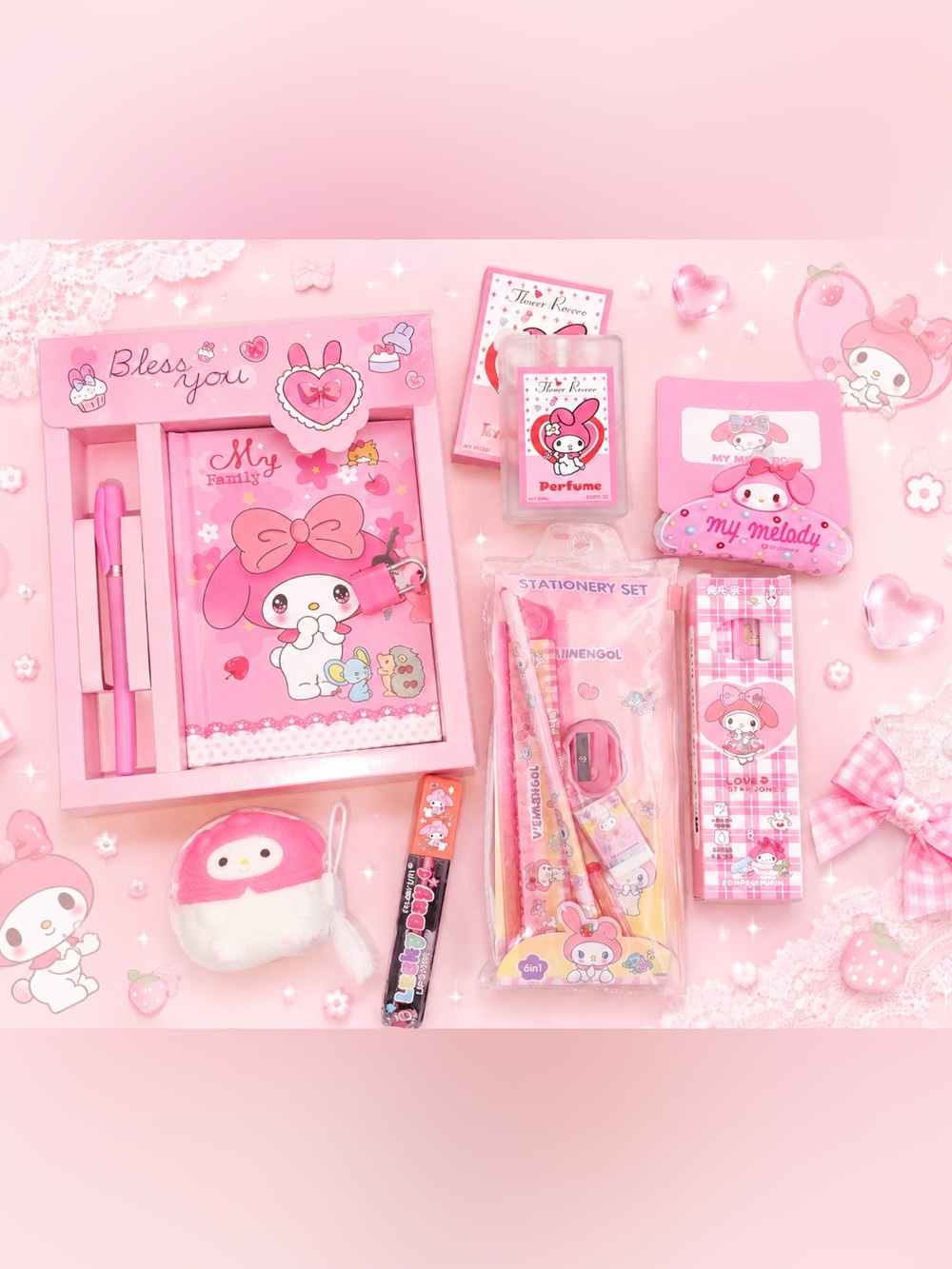 Sanrio My Melody Bundle stationary set hair clip perfume squishy lip gloss diary